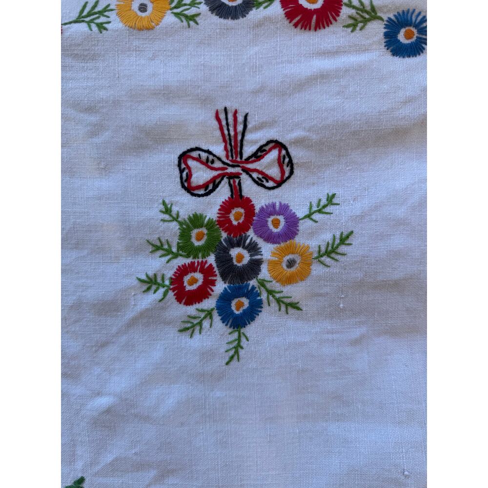 Vintage Hand Embroidered Linen Tablecloth 51"x55" Drawn Thread Lace Border - Picture 3 of 6